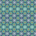Retro geometric floral green and pink cotton fabric with stylized blossoms on a deep teal background