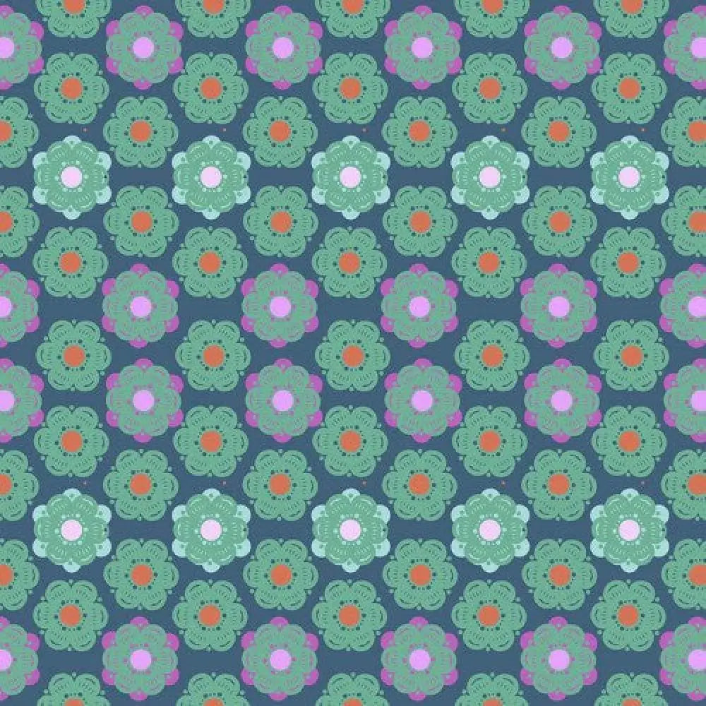 Retro geometric floral green and pink cotton fabric with stylized blossoms on a deep teal background