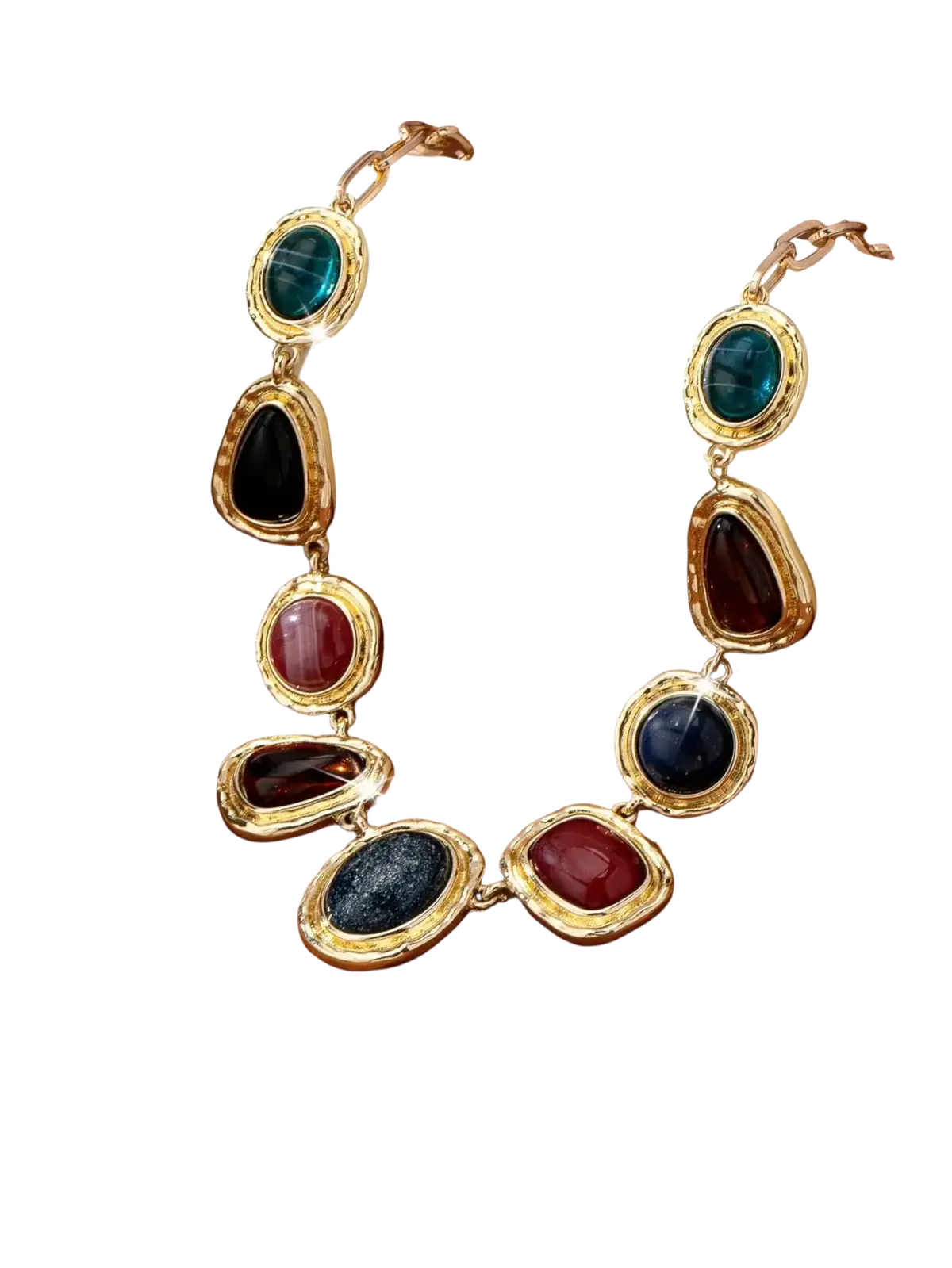 Gold-toned geometric gemstone pendant necklace for women with oval and teardrop teal, black, red, and blue stones