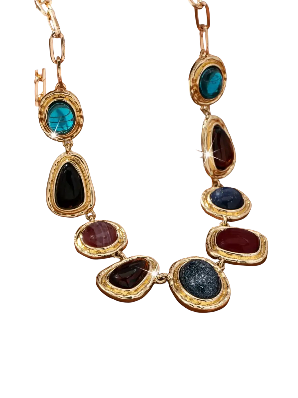 Gold-toned geometric gemstone pendant necklace for women with cascade of turquoise red navy blue and purple gems