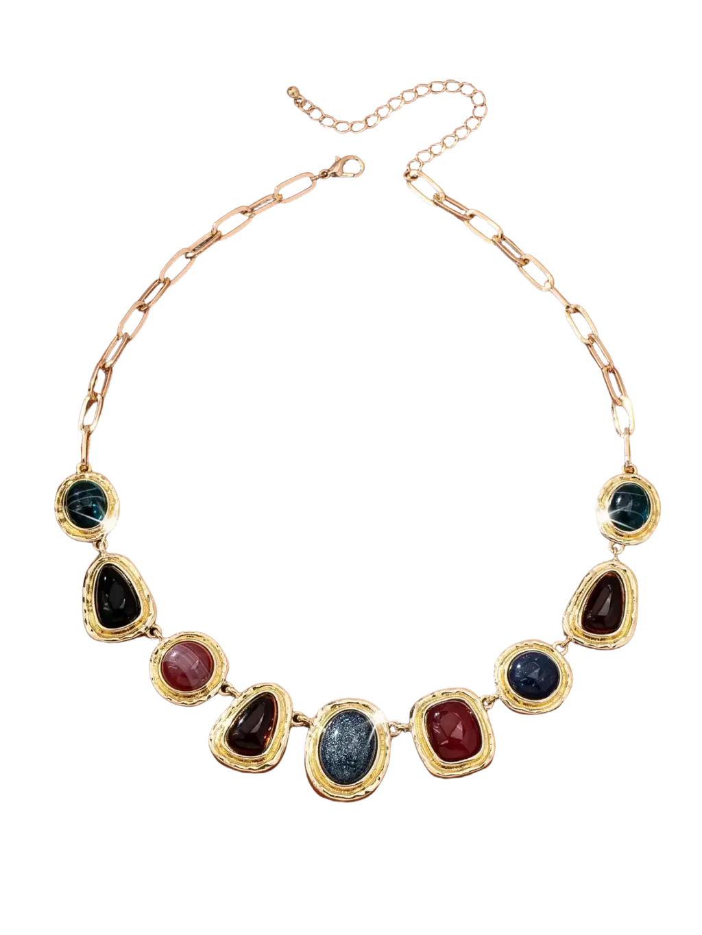 Geometric gemstone pendant necklace for women featuring gold-toned chain with deep blue, burgundy, black, and iridescent stones