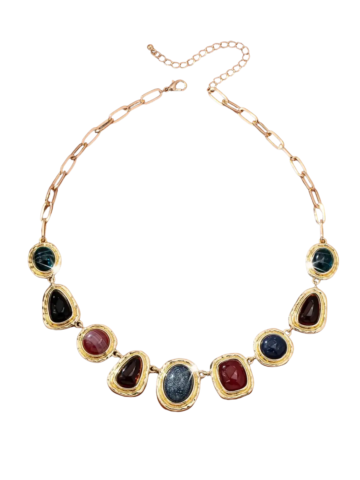 Geometric gemstone pendant necklace for women featuring gold-toned chain with deep blue, burgundy, black, and iridescent stones