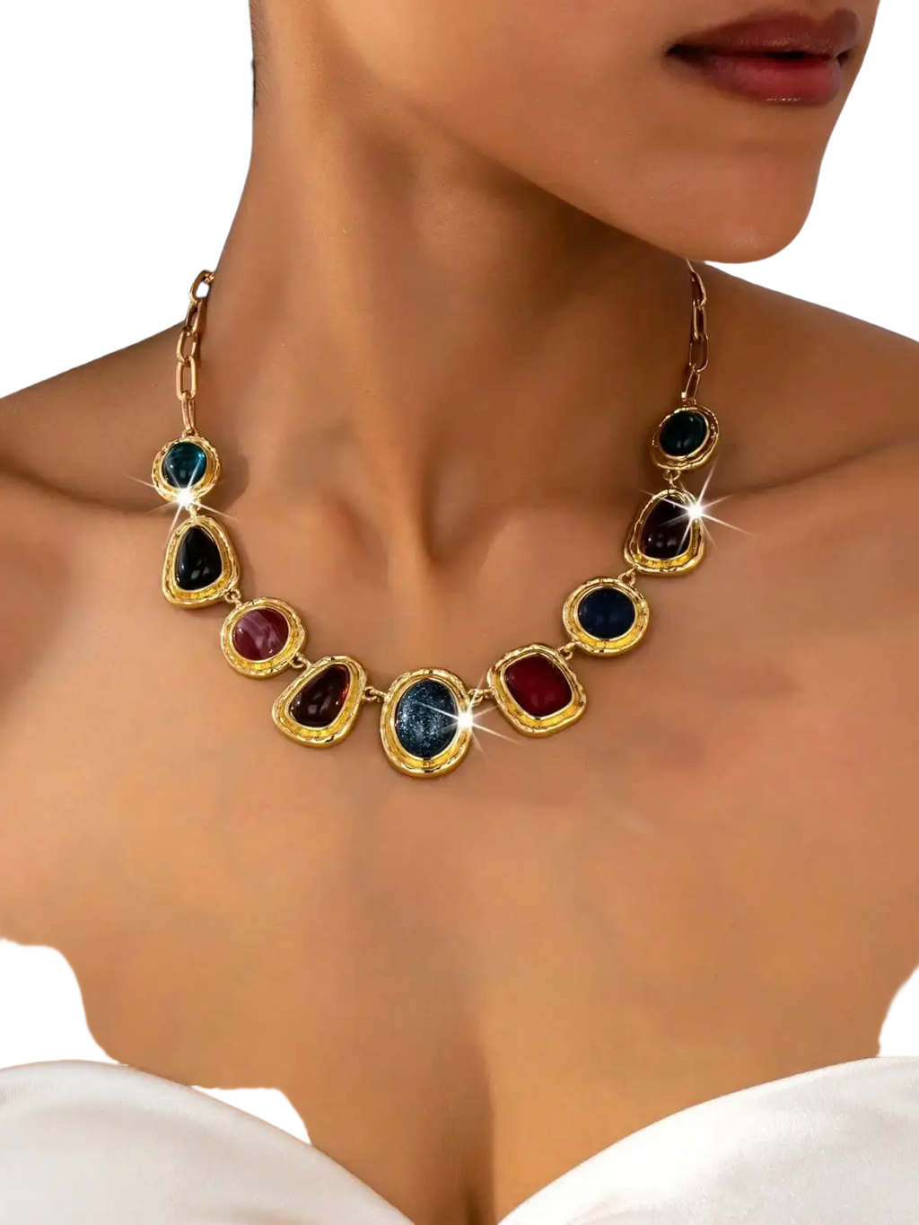 Geometric gemstone pendant necklace for women with gold-toned chain and blue red and black oval and teardrop gemstones