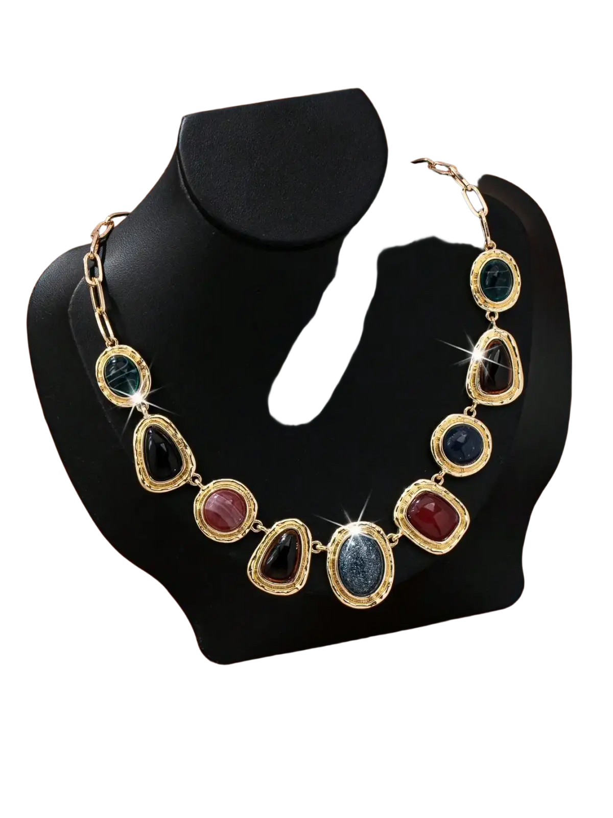 Geometric gemstone pendant necklace for women with bold gold-toned chain and colorful irregular gemstone frames