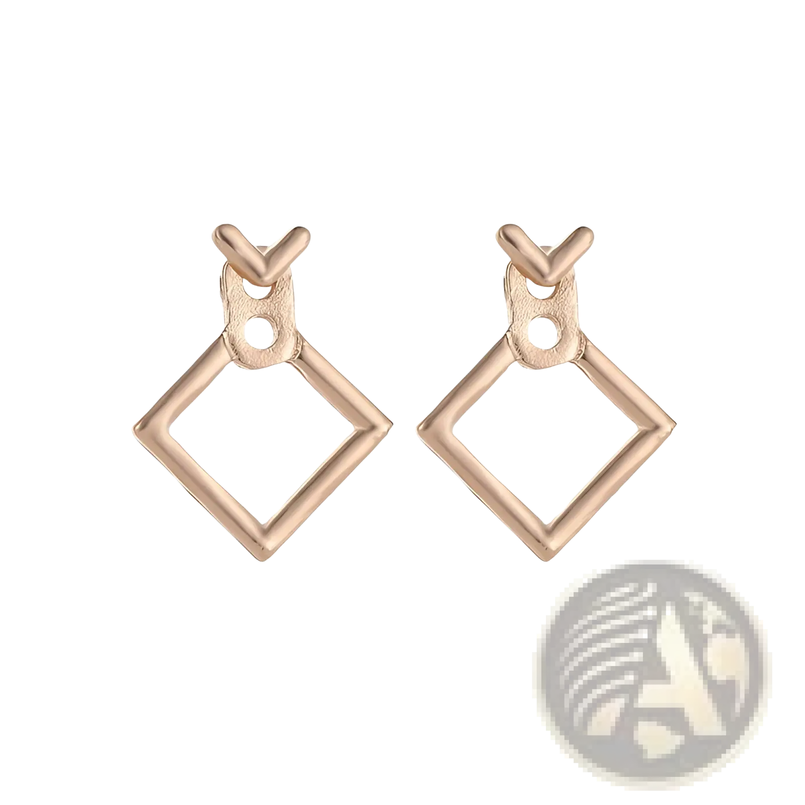 Rose gold geometric drop earrings featuring a hollow diamond frame with a small v-notch accent at the top
