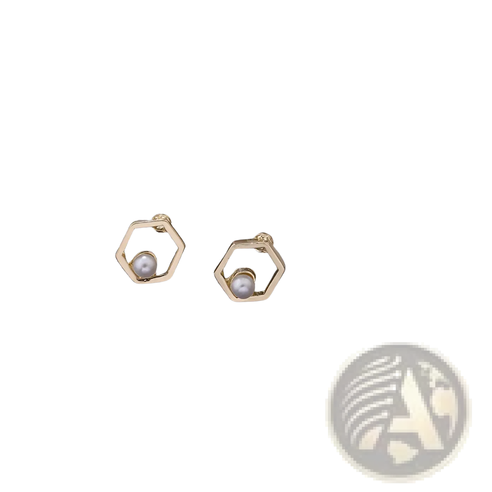 Geometric gold arrow and hollow square stud earrings featuring gold hexagonal frames with centered white pearls