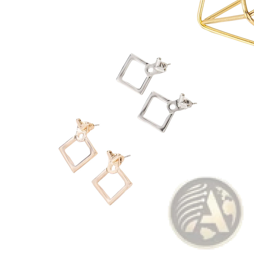 Silver and gold-toned geometric gold arrow and hollow square stud earrings with a minimalist square frame design