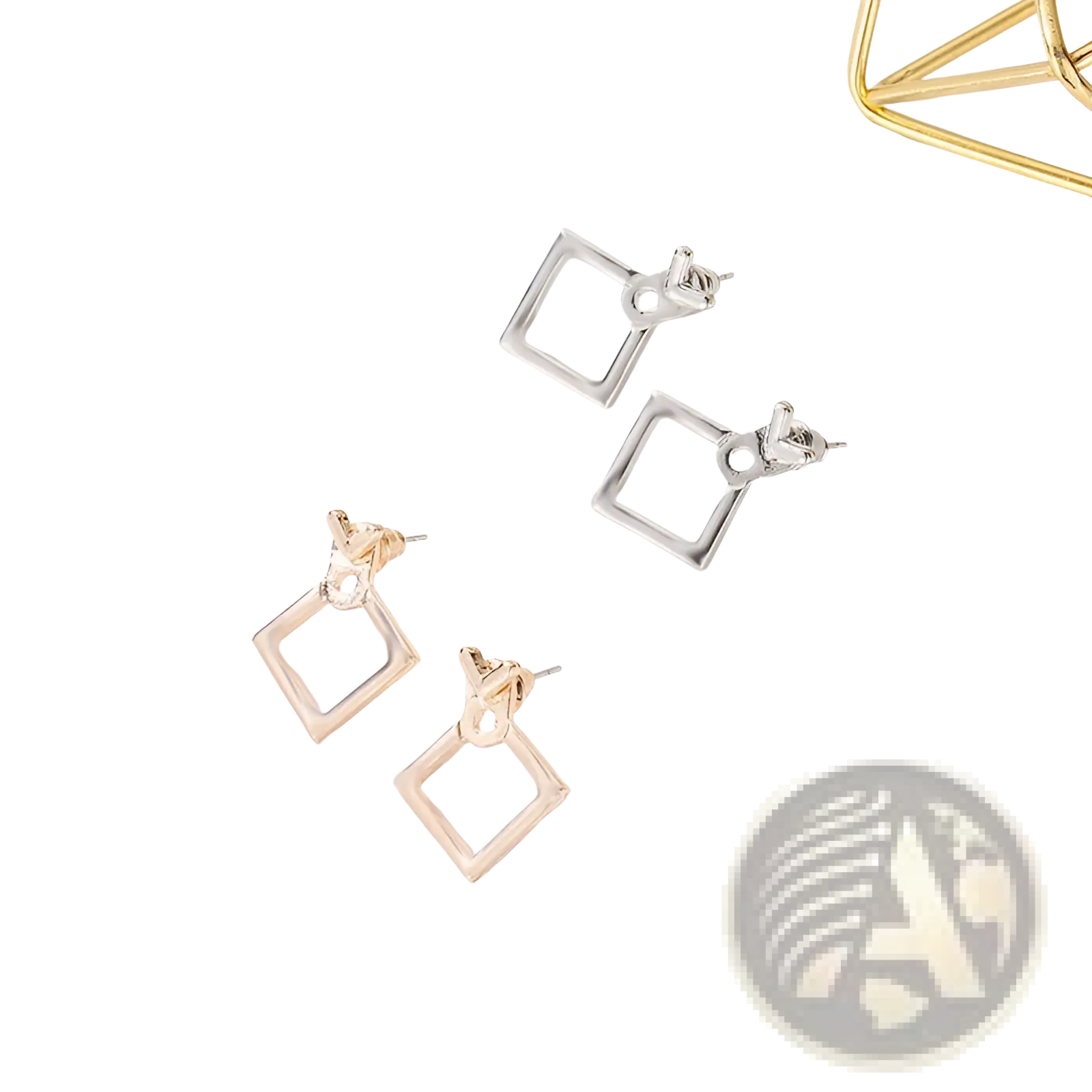 Silver and gold-toned geometric gold arrow and hollow square stud earrings with a minimalist square frame design