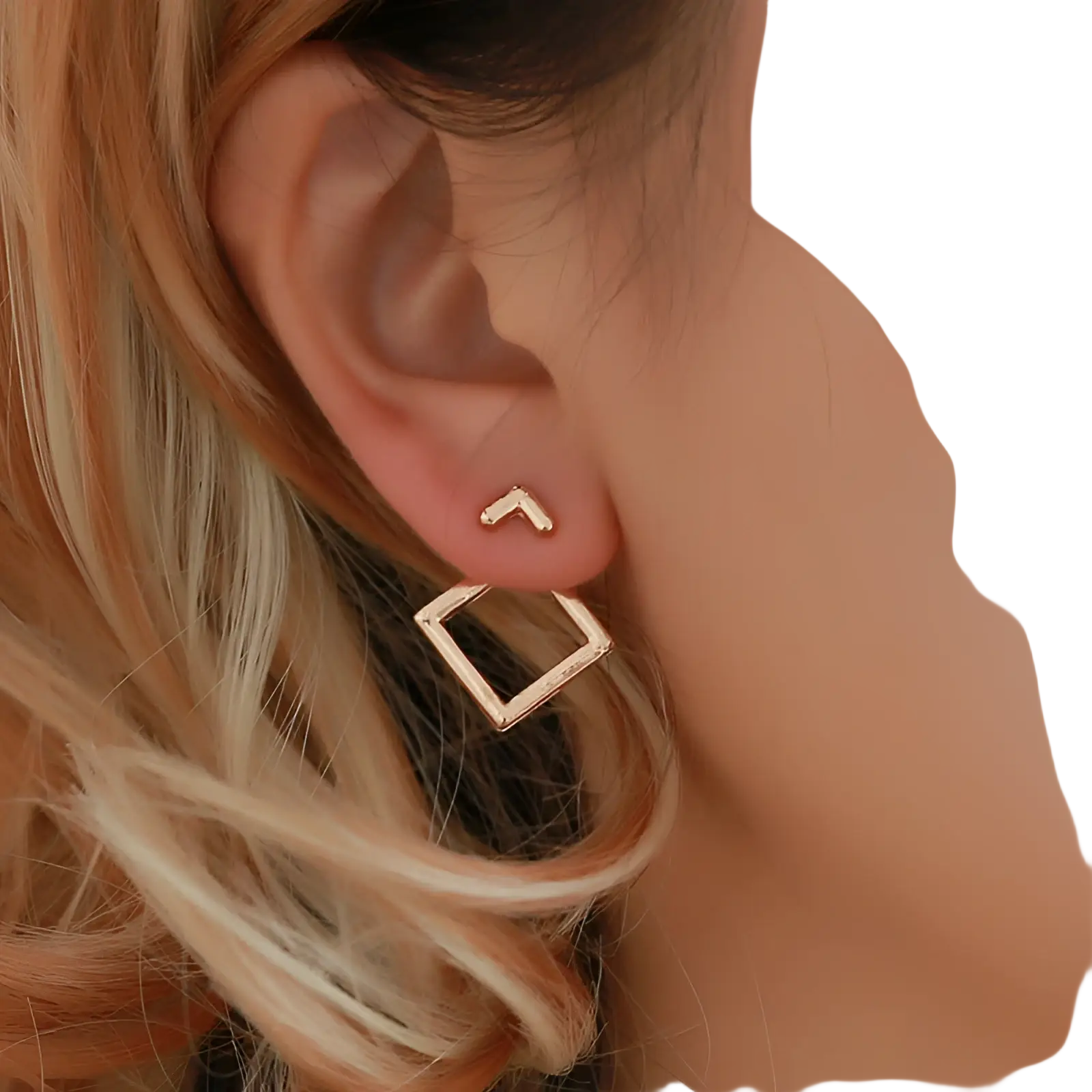 Gold-toned geometric stud earrings featuring a small arrow and a larger hollow square design in gold material