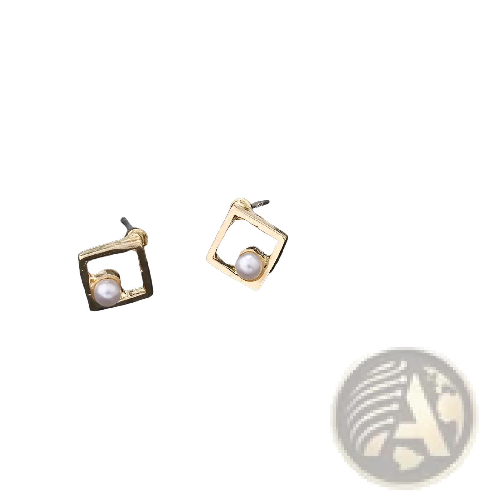 Gold-toned geometric gold arrow and hollow square stud earrings with central white pearl in each earring