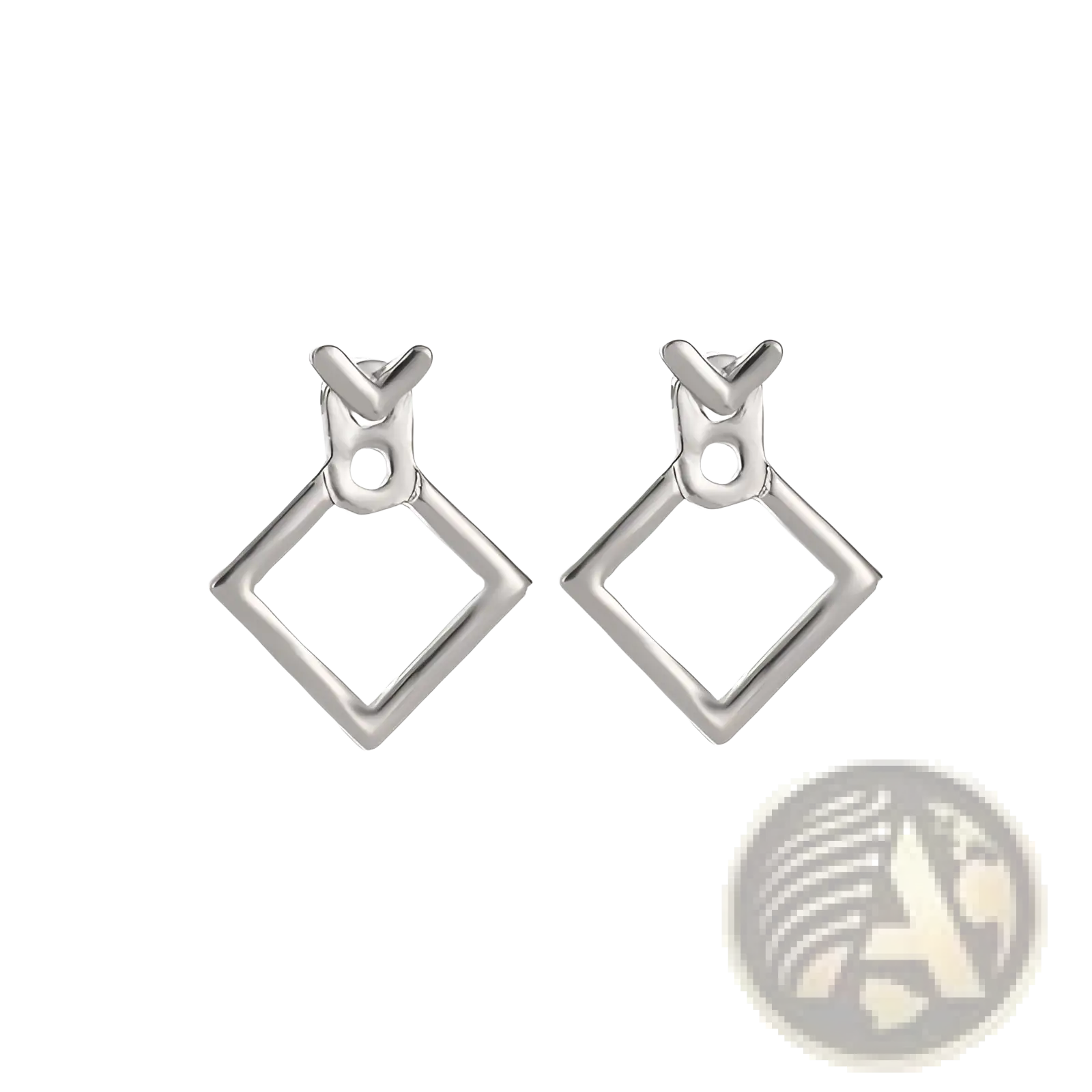 Silver geometric drop earrings with minimalist open square design and small v-shaped connector at top