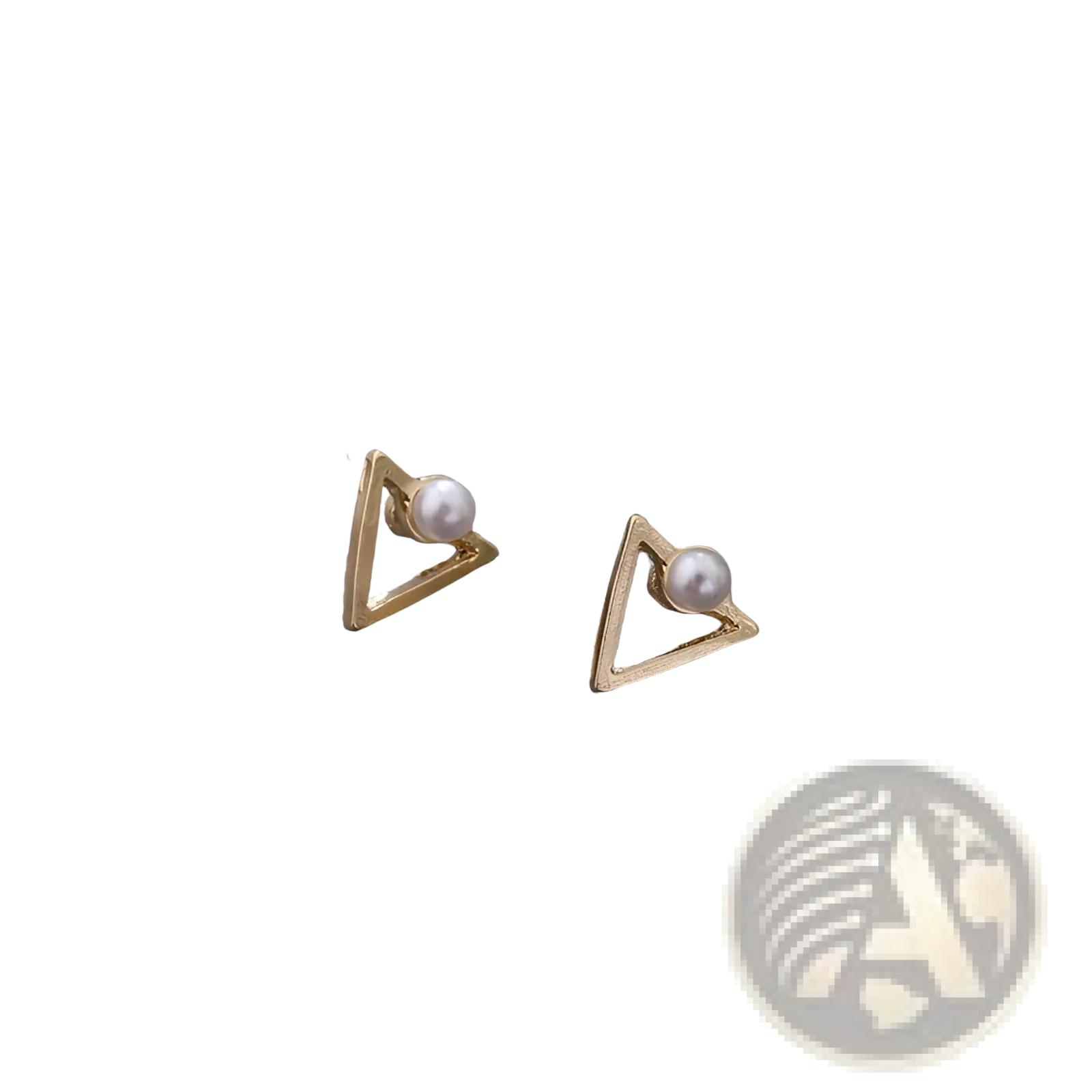 Geometric gold arrow and hollow square stud earrings featuring gold triangle studs with a single white pearl center