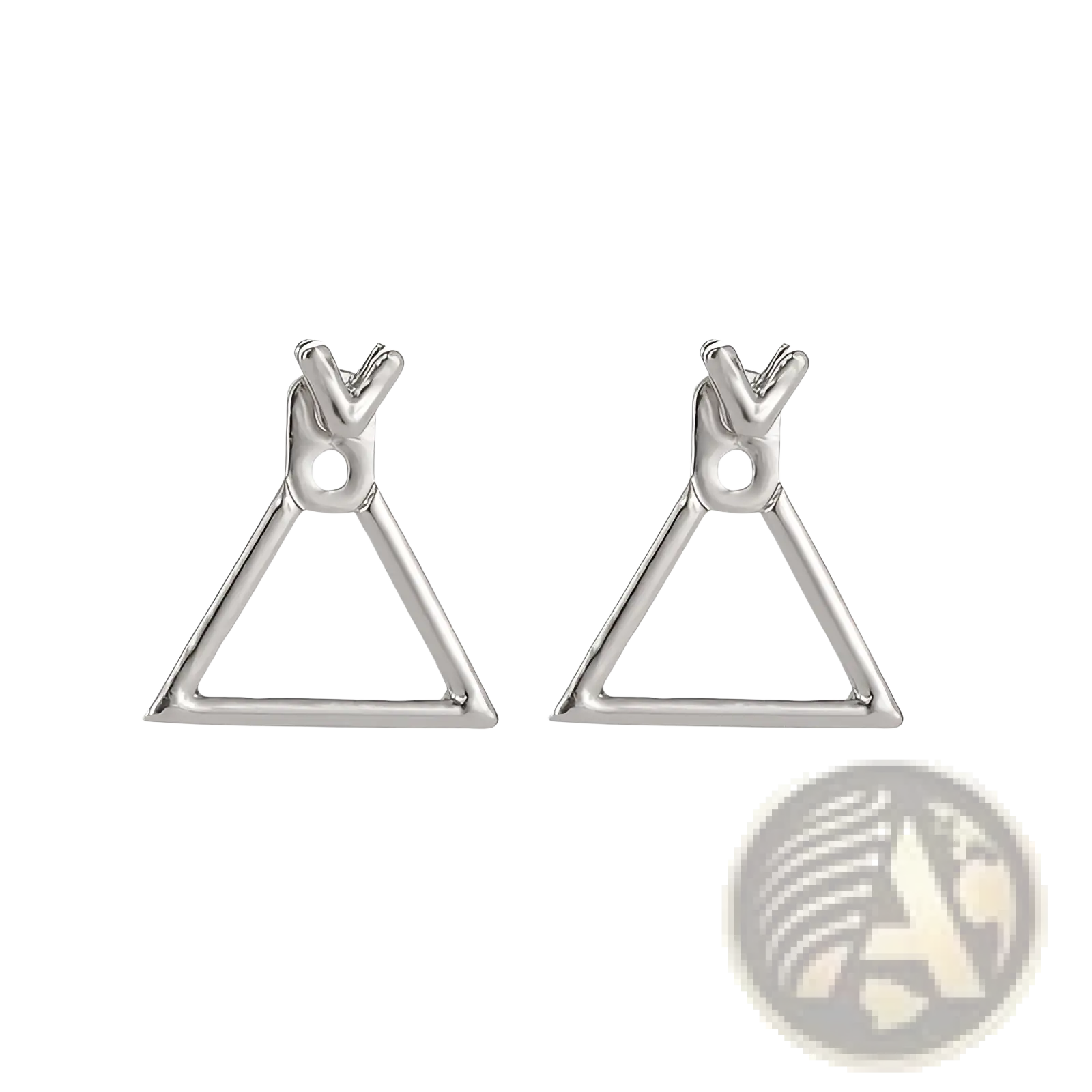 Silver triangular stud earrings with minimalist open-frame design and small knot detail from geometric gold arrow collection