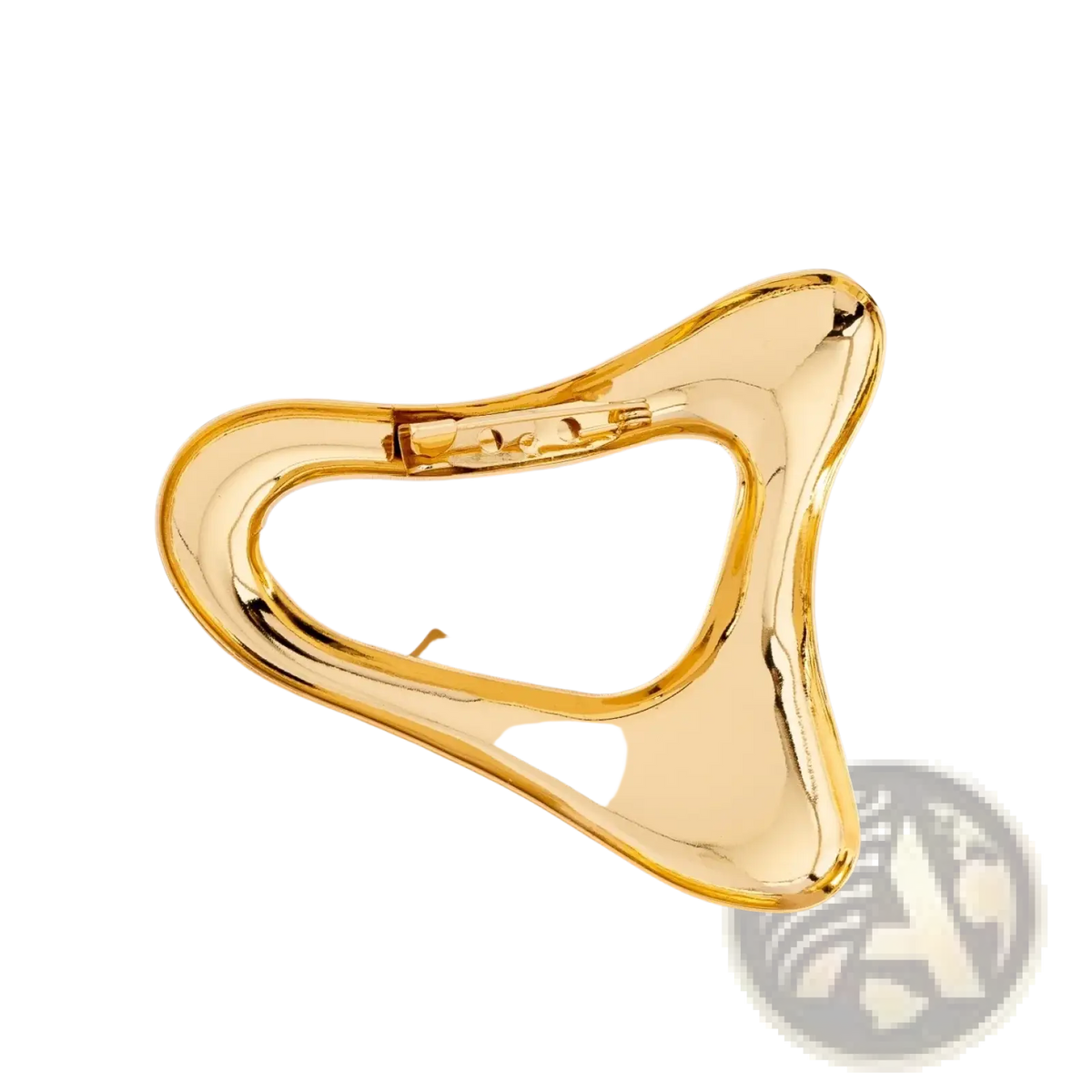 Geometric gold brooch with a sleek gold-toned hair claw design holding three white pearls for modern office wear