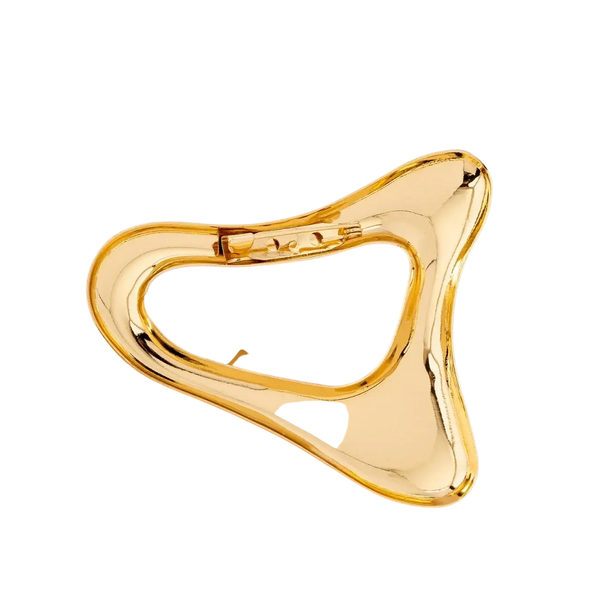Geometric gold brooch with a sleek gold-toned hair claw design holding three white pearls for modern office wear