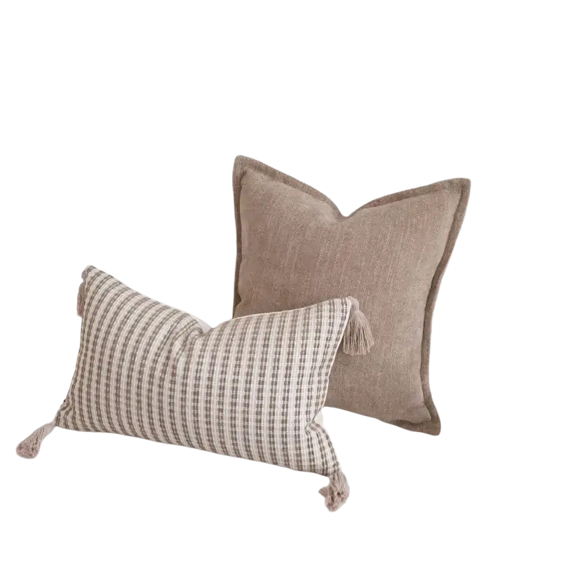 Beige and cream striped geometric jacquard cushion cover brown maillard with tassels made of textured fabric