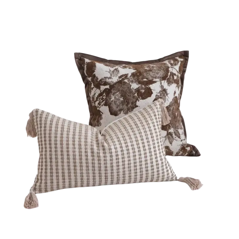 Beige and brown maillard checkered geometric jacquard cushion cover with tassels for retro pillowcase decor