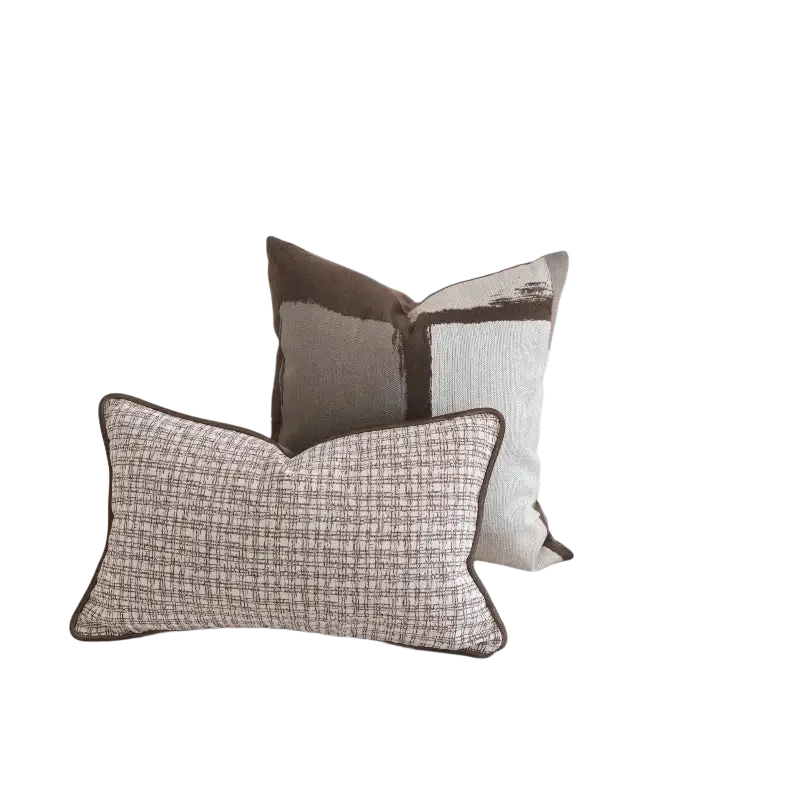 Rectangular beige and brown tweed geometric jacquard cushion cover with brown maillard tones and dark brown piped edge