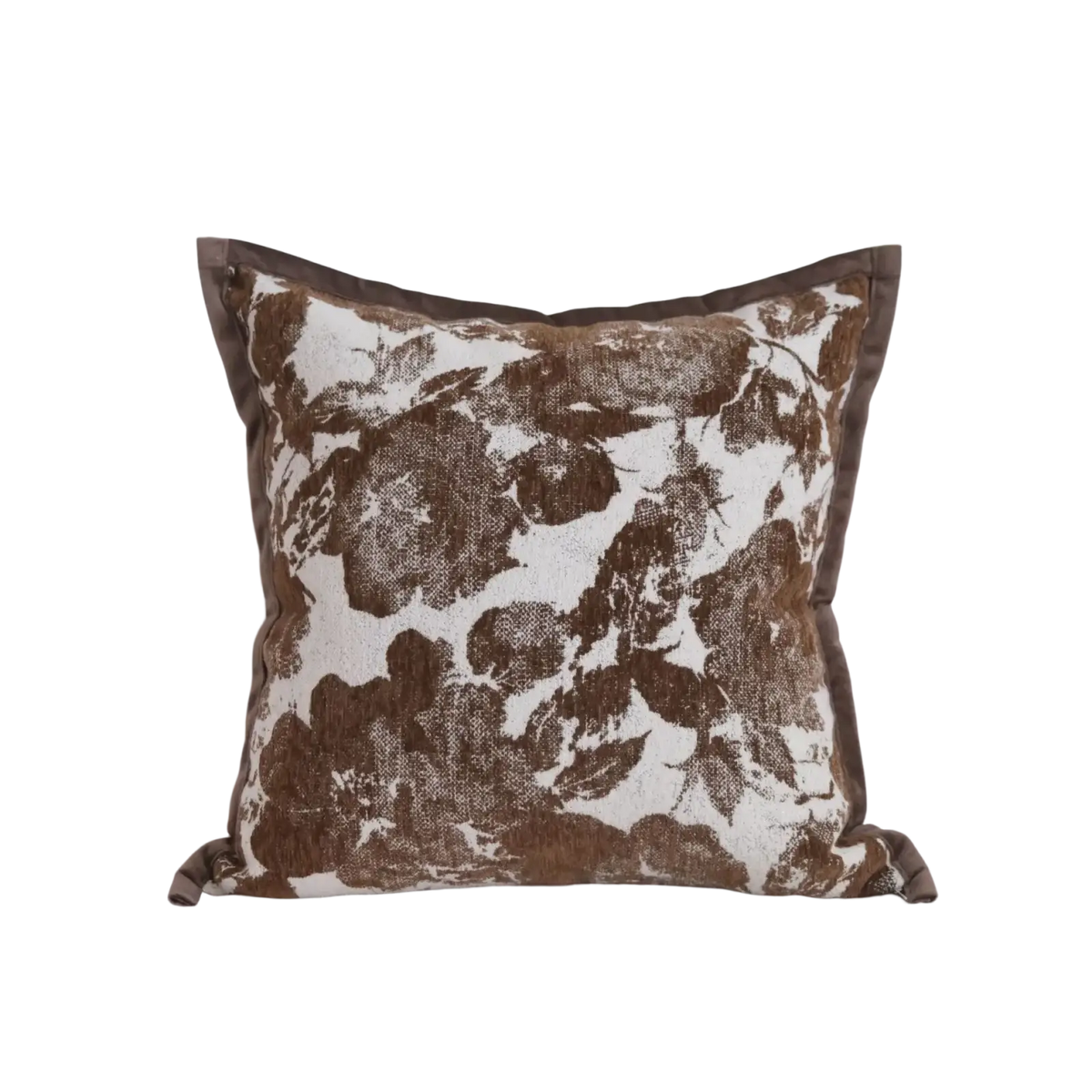 Brown maillard geometric jacquard cushion cover with brown and white floral pattern and textured fabric finish