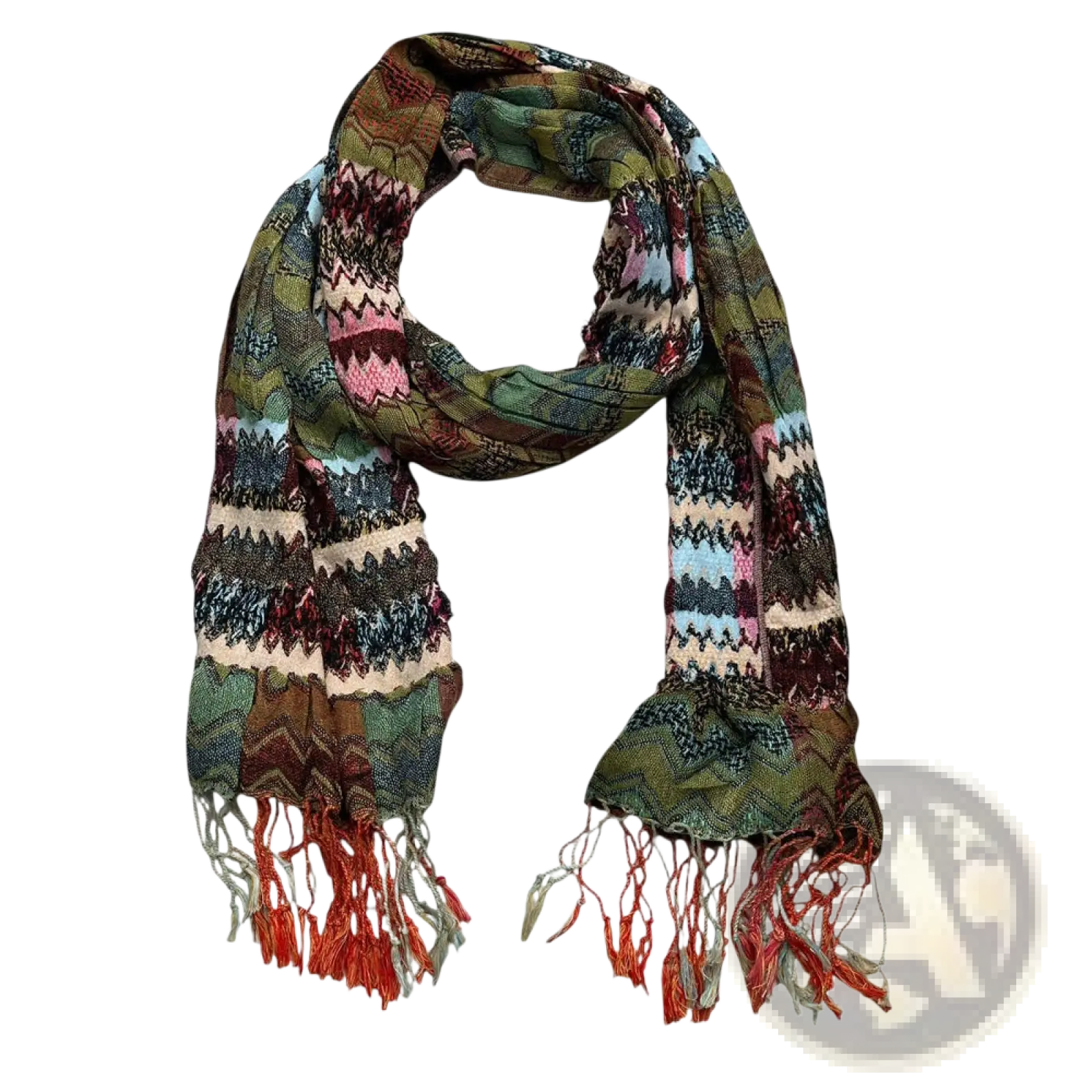 Geometric knit scarf with woven texture and fringed ends in green pink blue brown and cream multicolored design