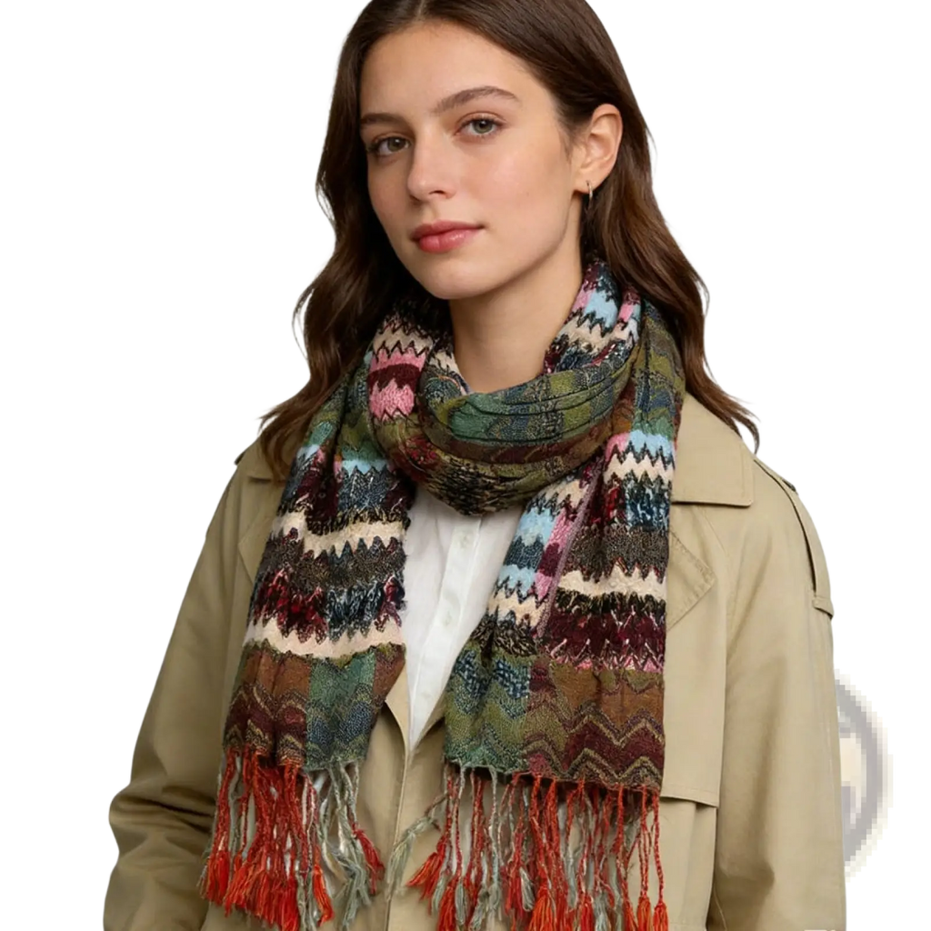 A multicolored geometric knit scarf with vibrant patterns and red tassels made of soft yarn