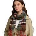 A multicolored geometric knit scarf with vibrant patterns and red tassels made of soft yarn