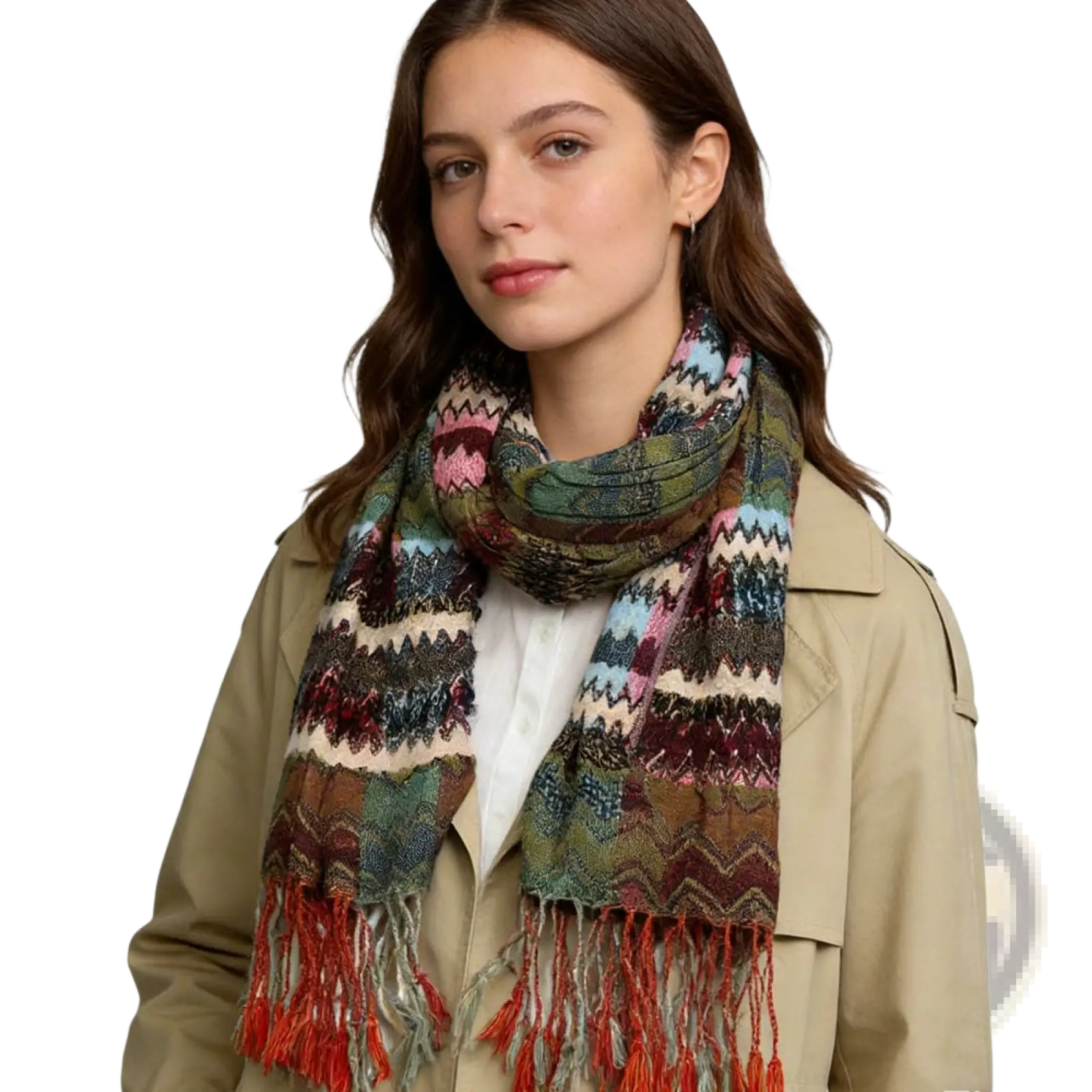 A multicolored geometric knit scarf with vibrant patterns and red tassels made of soft yarn