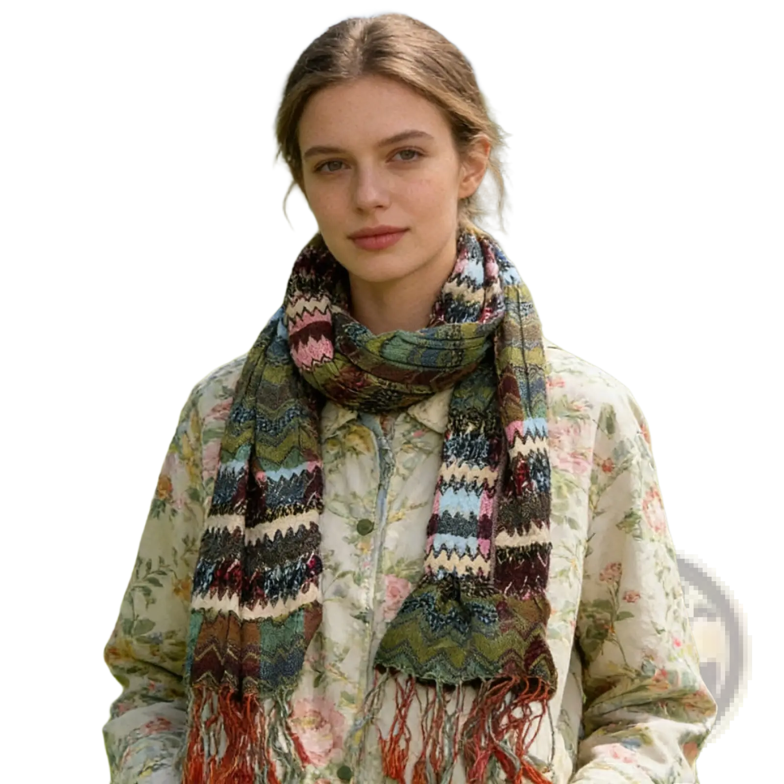 Multicolored geometric knit scarf with red fringe showcasing intricate patterns and soft knitted material