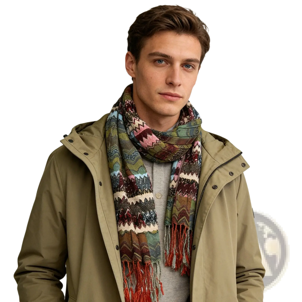 Multicolored geometric knit scarf with red fringe featuring woven patterns in a warm fabric