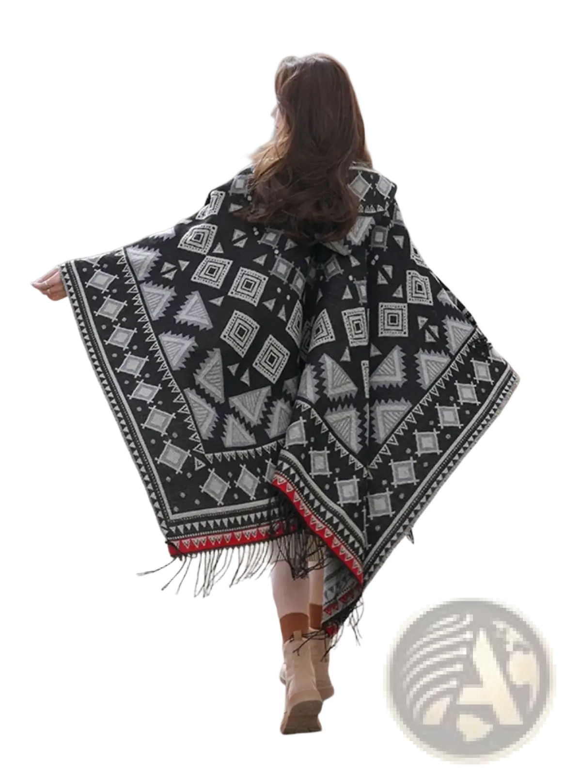 Geometric knitted hooded poncho cape with black and white pattern and red-trimmed fringe details