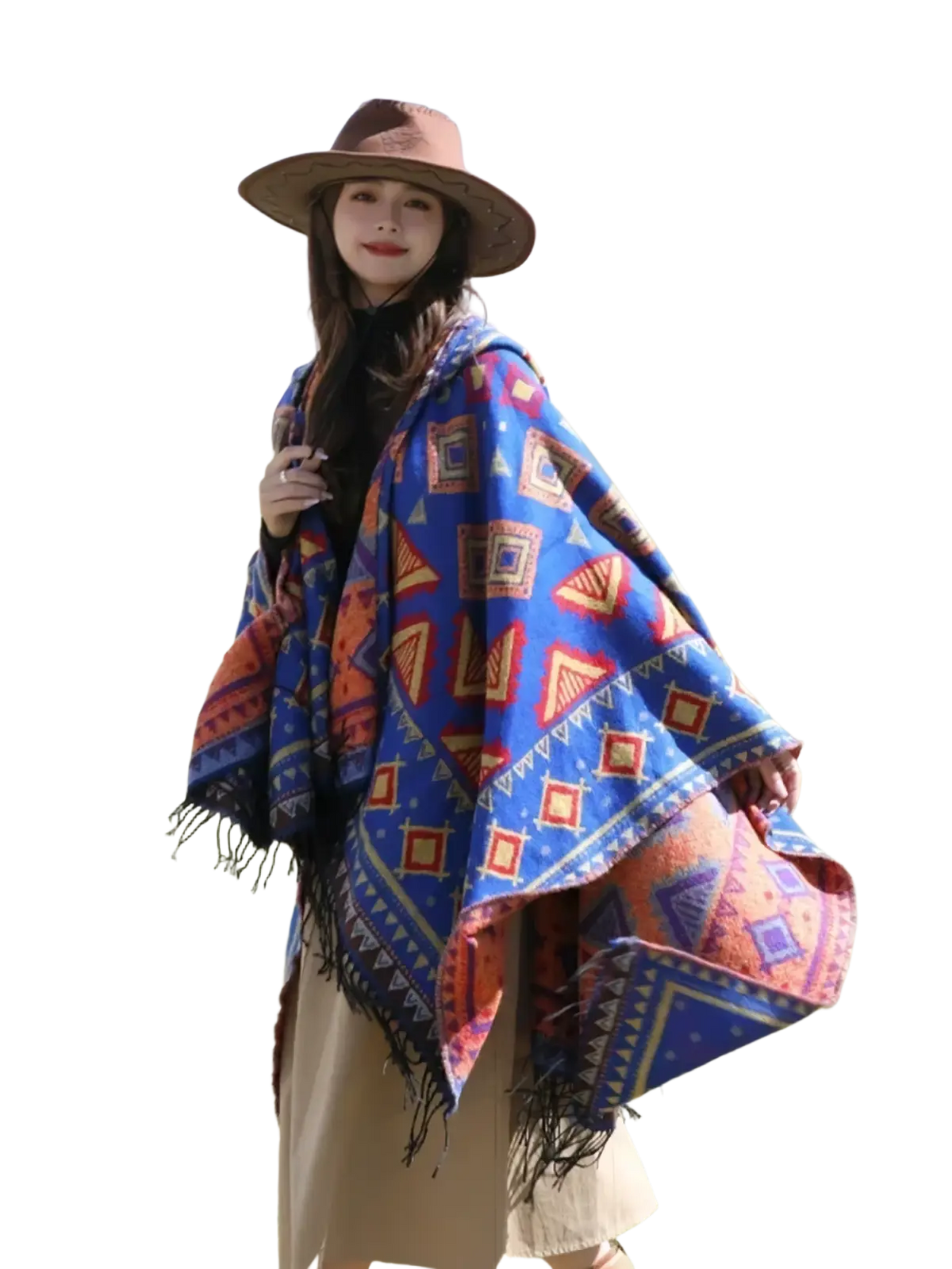 A vibrant blue and orange geometric patterned woolen knitted hooded poncho cape with fringed edges