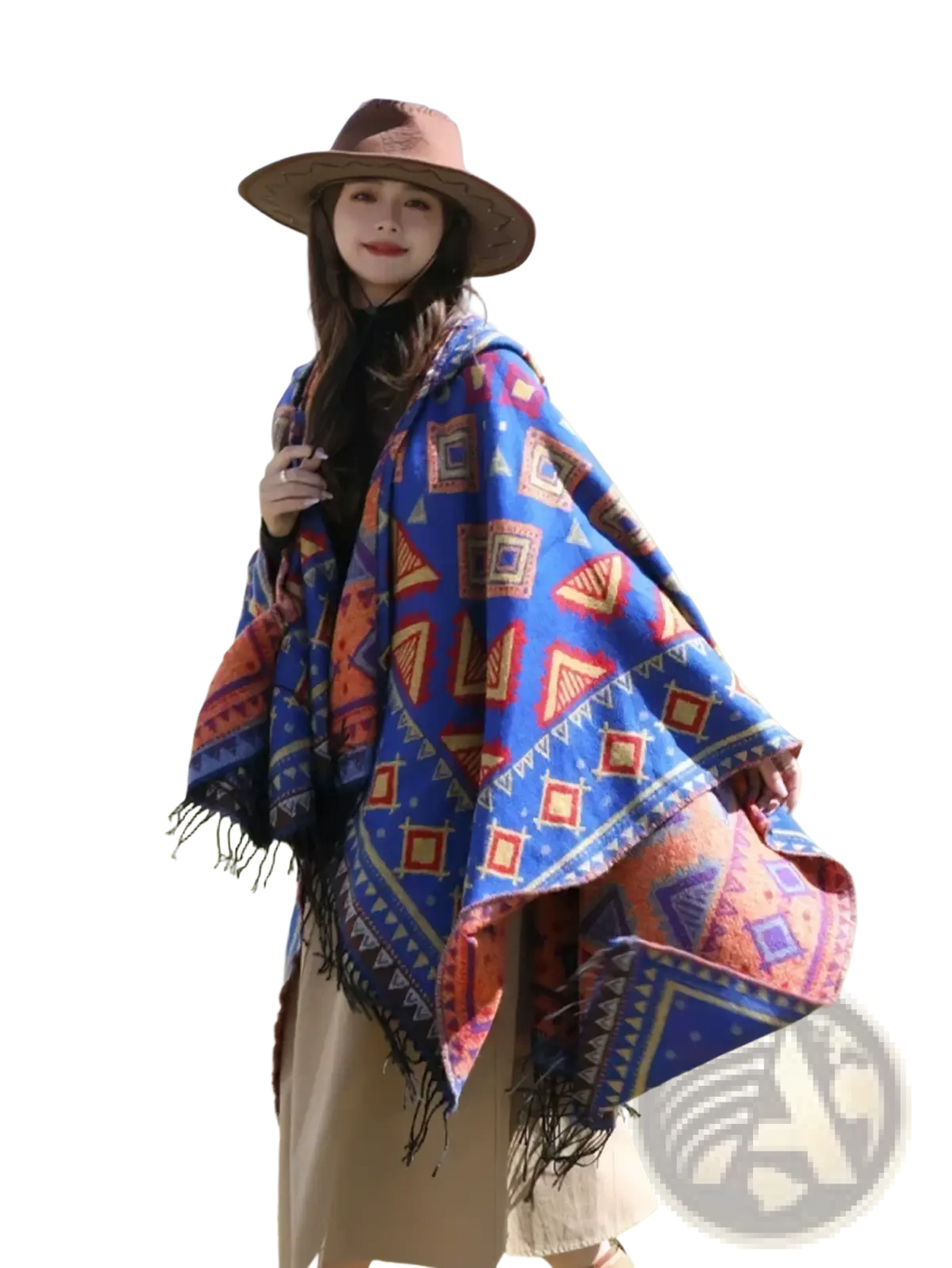 A vibrant blue and orange geometric patterned woolen knitted hooded poncho cape with fringed edges