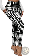 Black and white geometric knitted high waisted leggings for casual women featuring a bold pattern