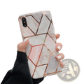 The back side of a rose gold geometric-patterned phone case with white and pink marble design for stylish protection