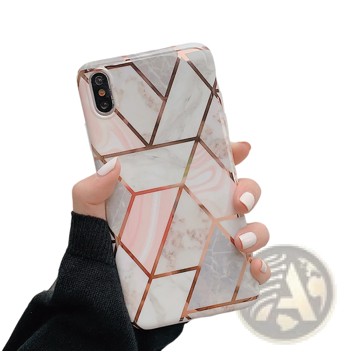 The back side of a rose gold geometric-patterned phone case with white and pink marble design for stylish protection