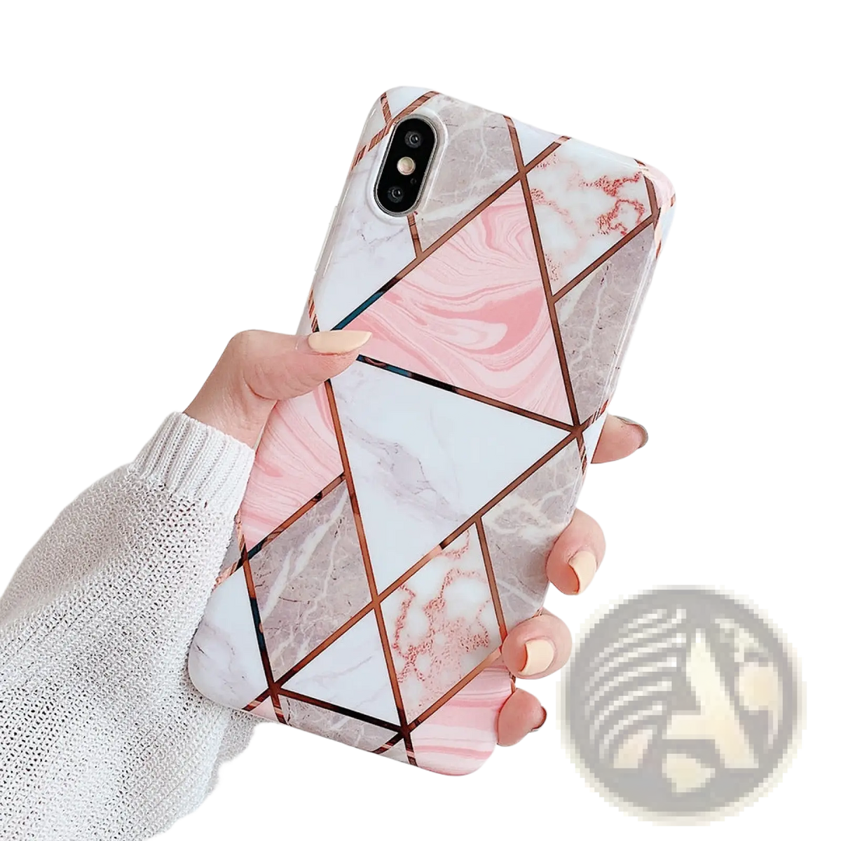 Pink and white marble-patterned geometric marble phone case with rose gold lines shown from the back side