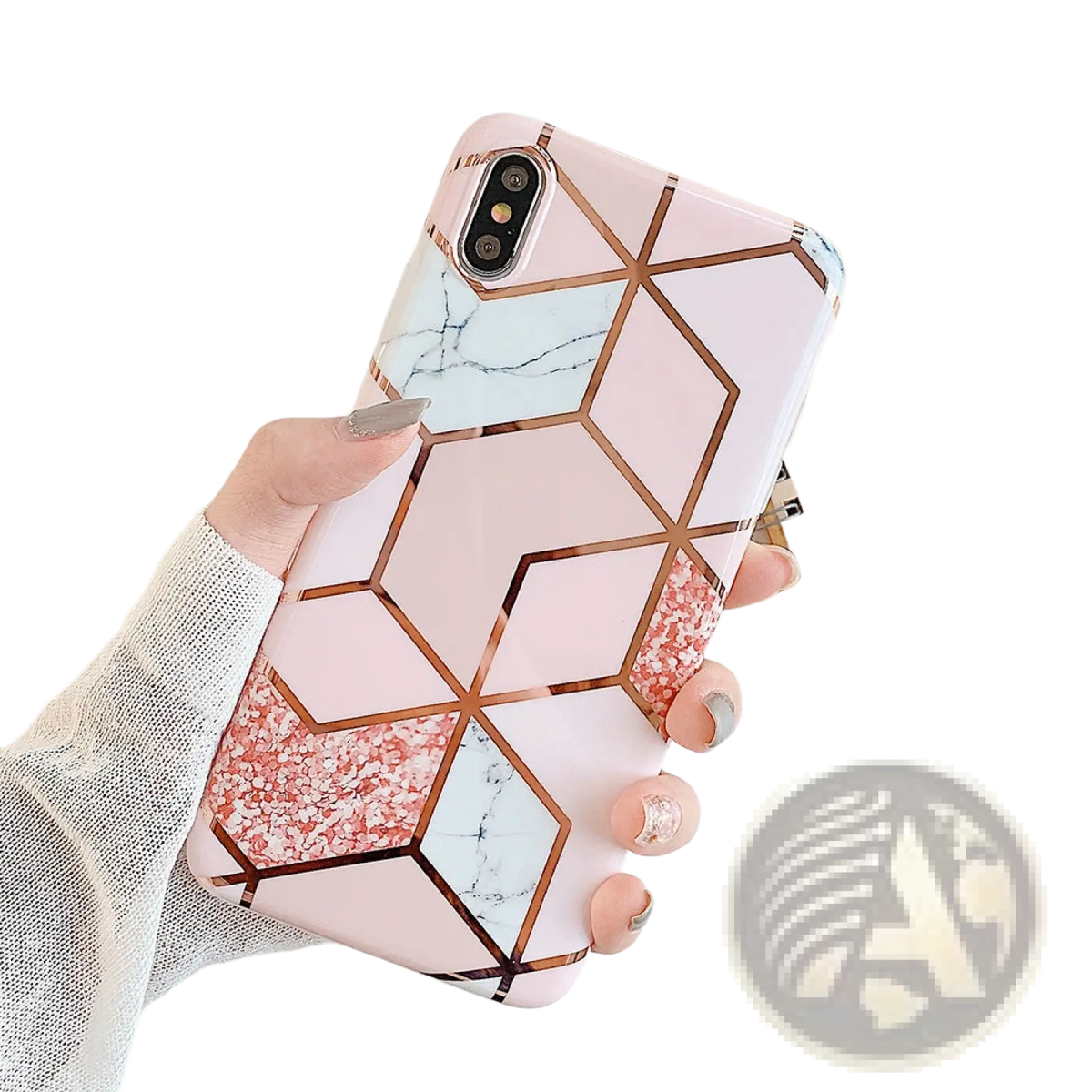 Back side of a pink geometric marble phone case with rose gold accents and marble-like patterns