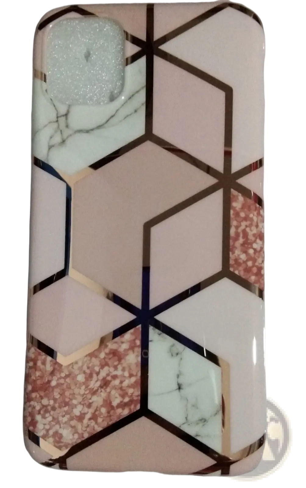 Back side of a geometric marble phone case featuring pink and white marble and glitter patterns with rose gold accents