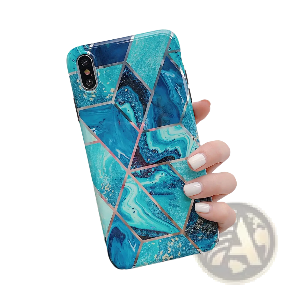 Back of a vibrant blue marble-patterned geometric gold line phone case designed for iphone x by geometric marble phone case