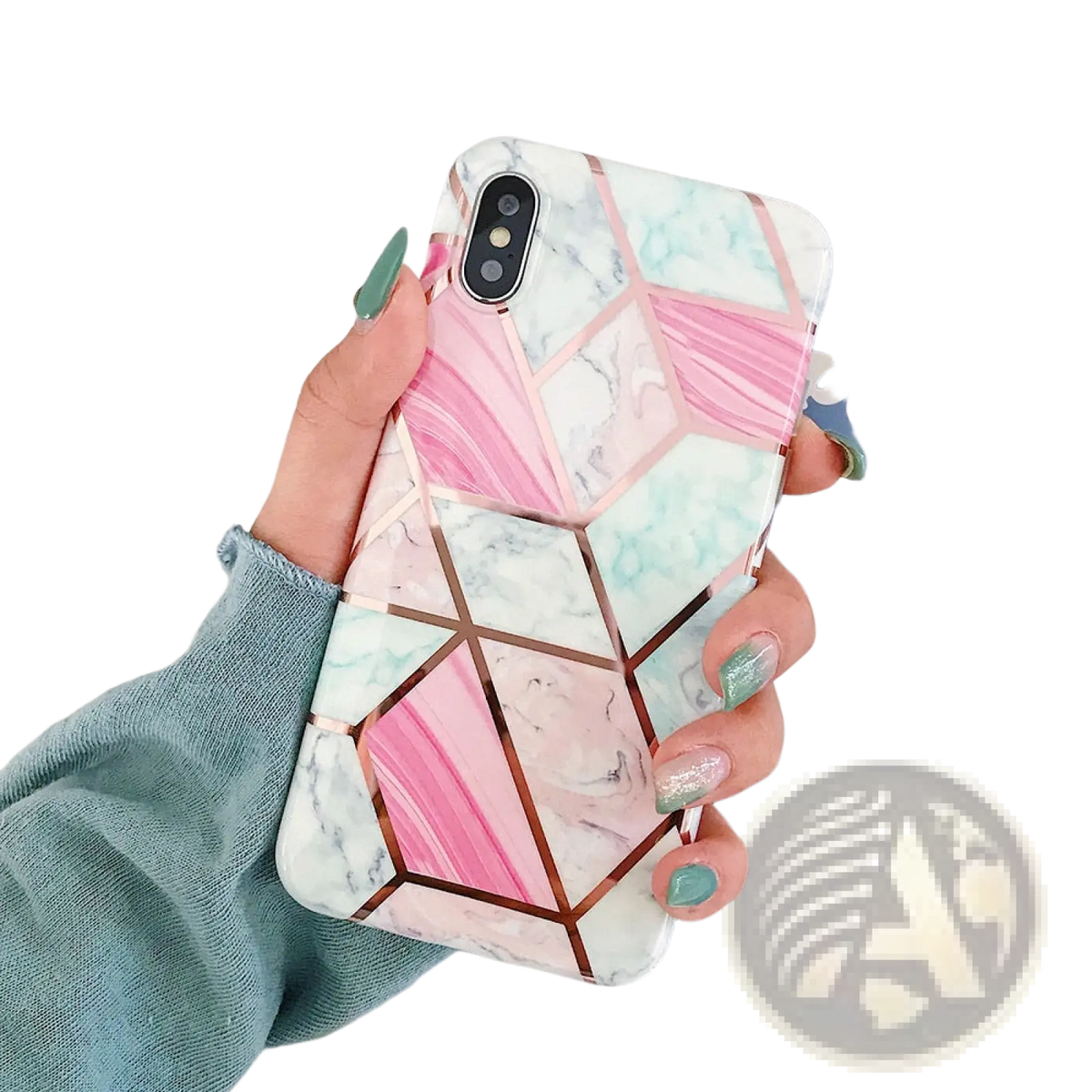 Back side of a geometric marble phone case featuring pink and white marble design with rose gold accents