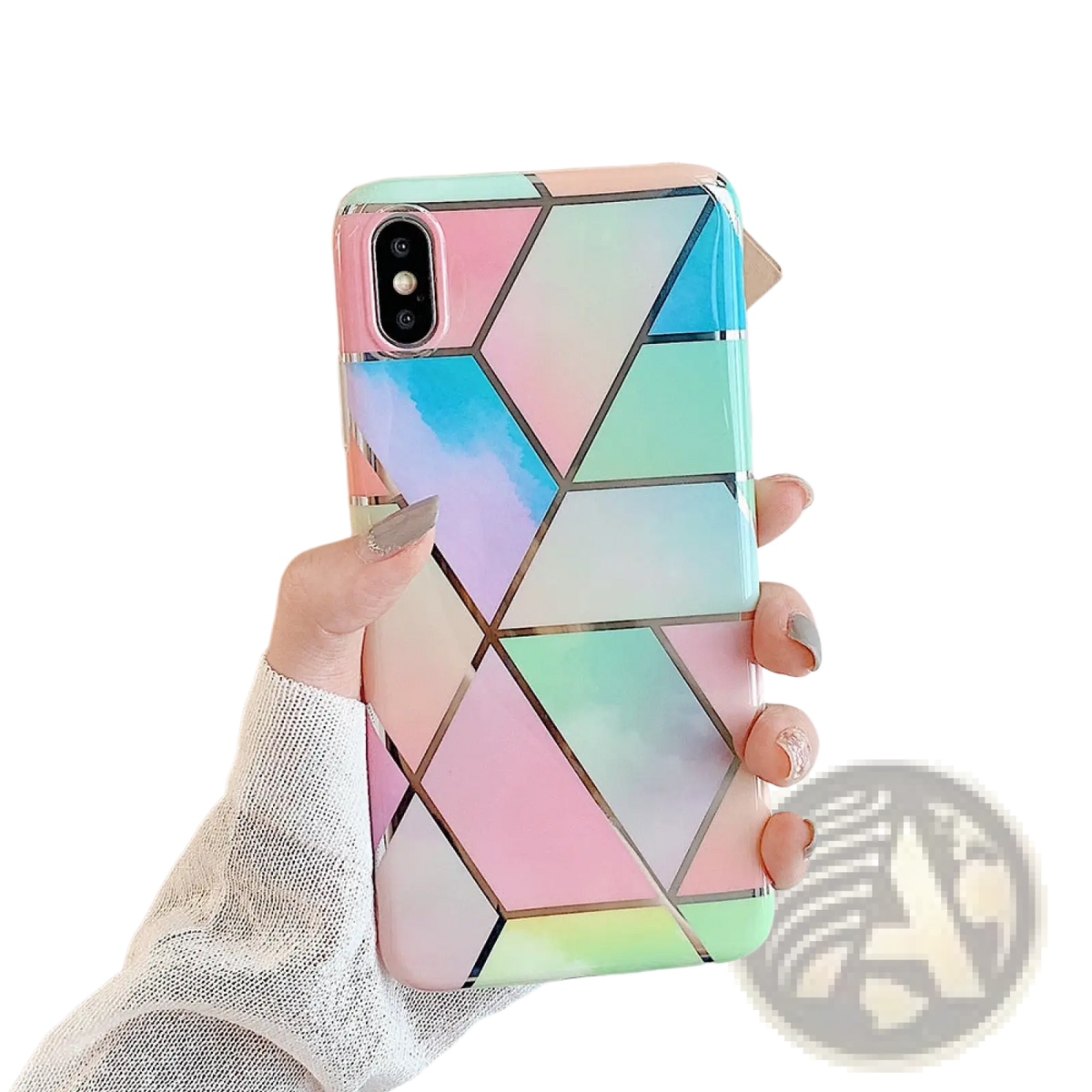 Back side of geometric marble phone case with pastel iridescent pink blue green panels and metallic silver lines