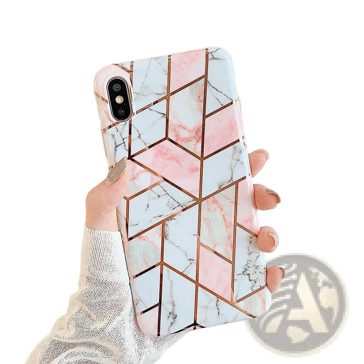 Back side of a geometric marble phone case featuring pink and white marble pattern with rose gold geometric lines