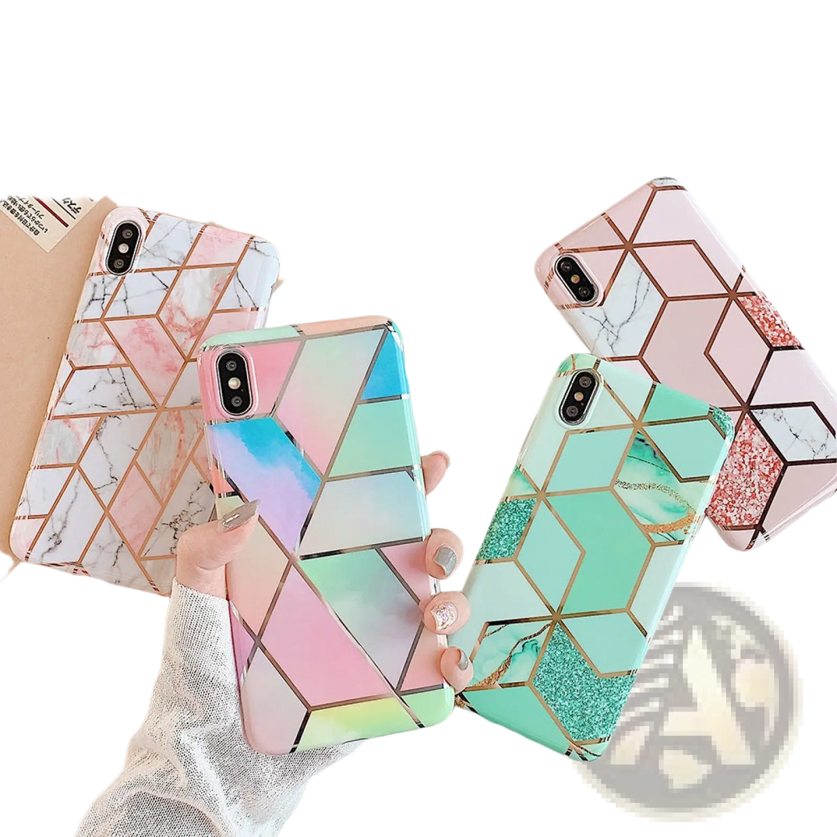 Back side of geometric marble phone case with pastel pink blue green marble patterns and rose gold metallic lines
