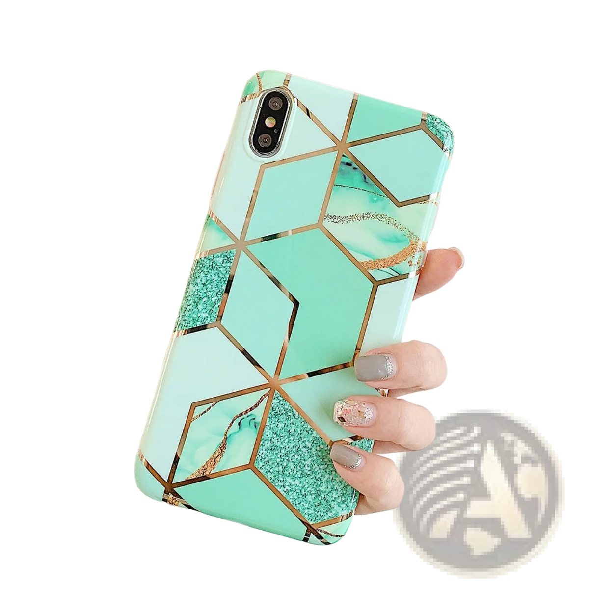 Back side of a geometric marble phone case in mint green and teal with gold metallic lines and glittery accents