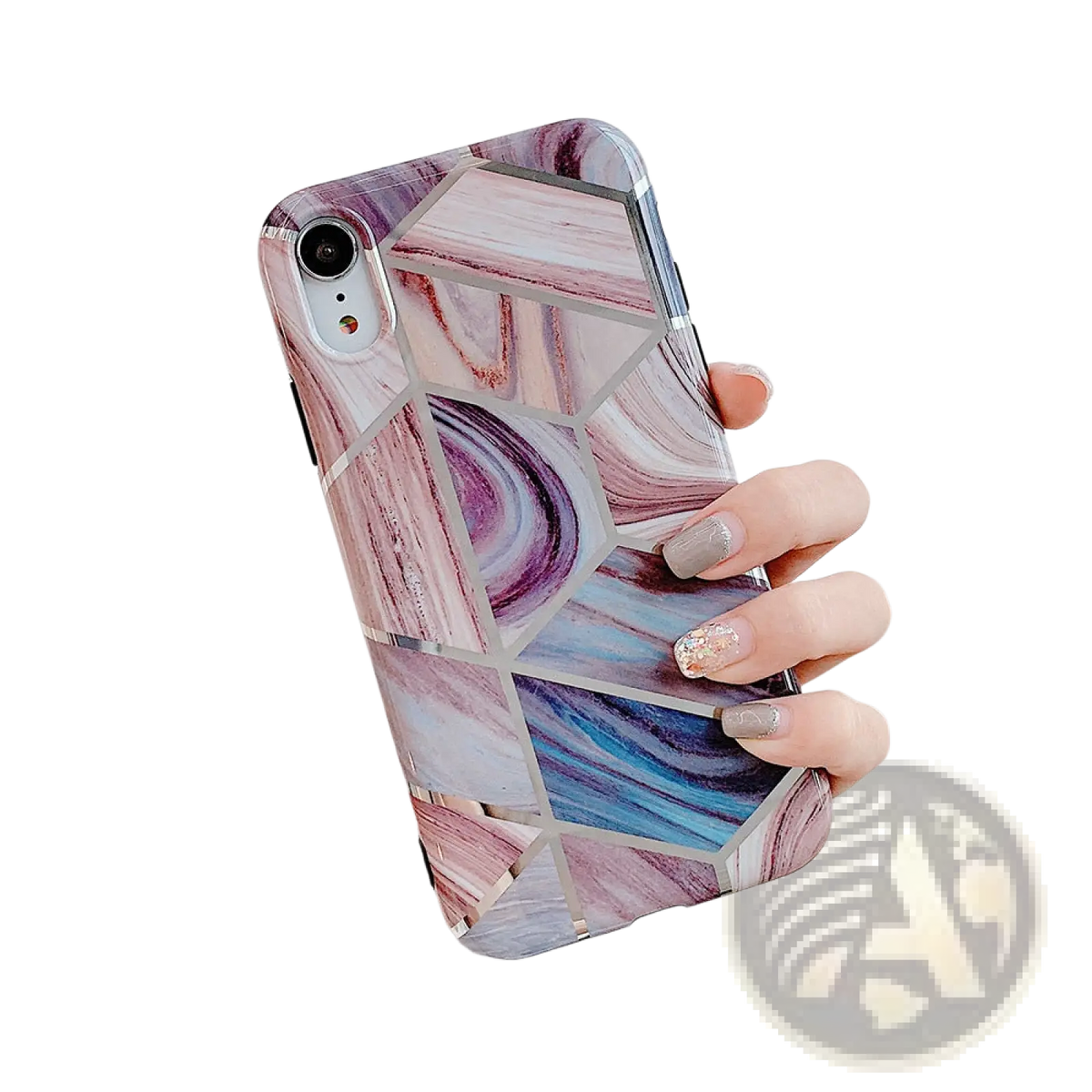 Back side of a geometric marble phone case with pink purple blue marbled design and silver metallic accents