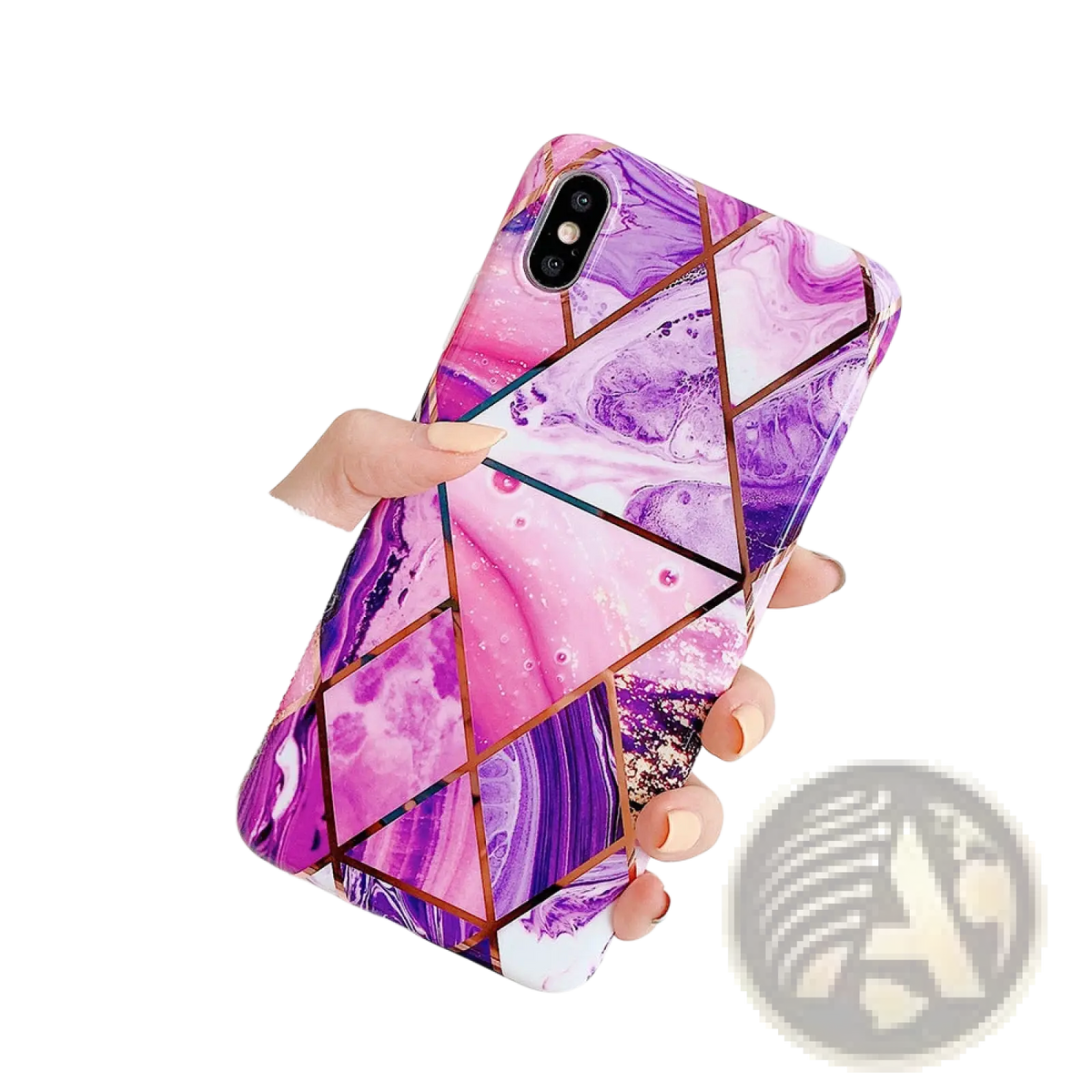 Back side of a geometric marble phone case featuring vibrant purple and pink marble pattern with rose gold lines
