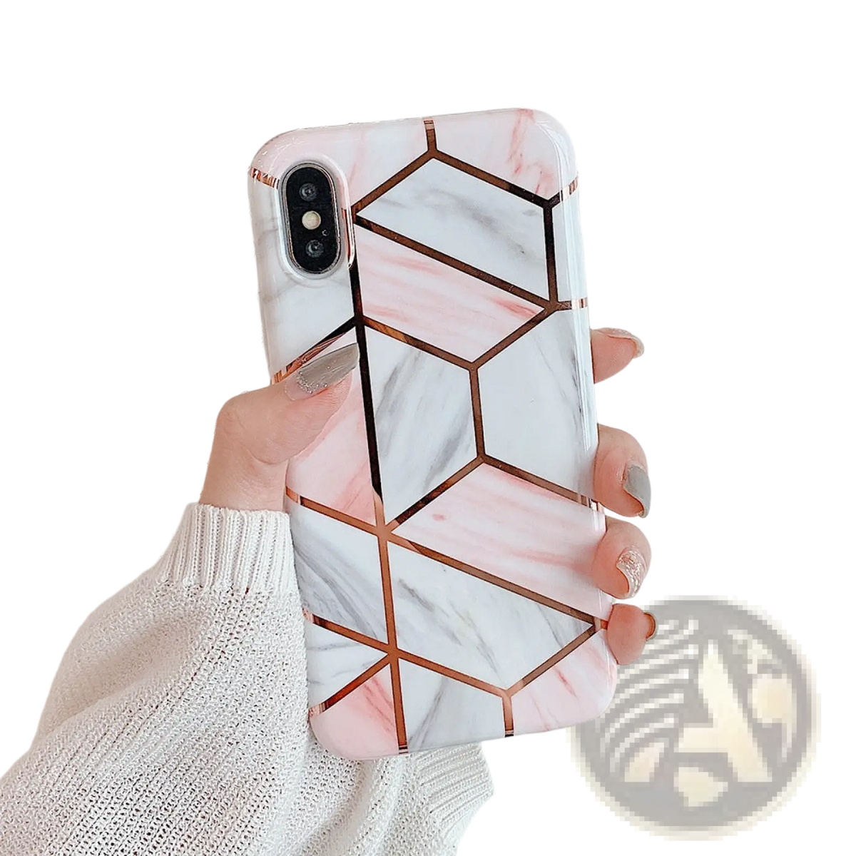 A pink and white marble-patterned geometric marble phone case with rose gold hexagon accents shown from the back side