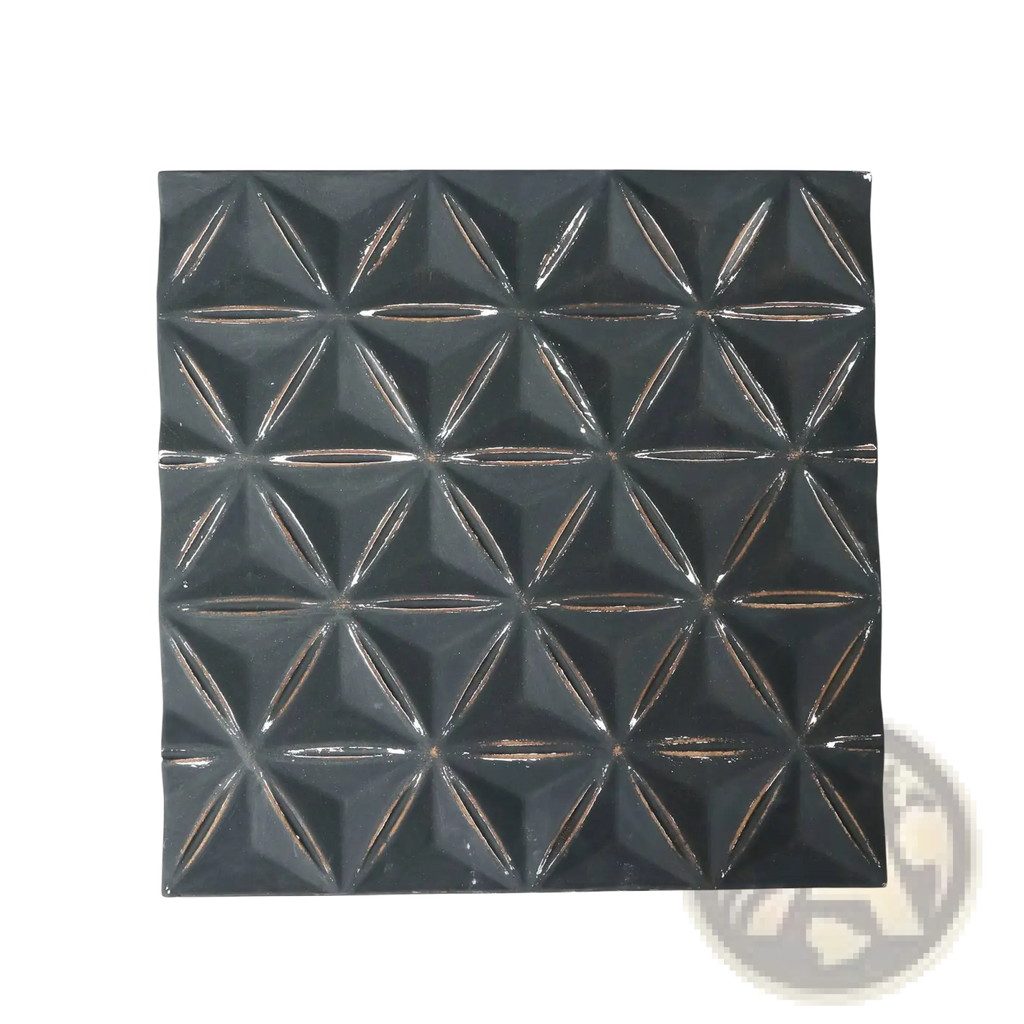Black glossy geometric mdf wall decor panel featuring a 3d starburst pattern in 16x16 inch dimensions