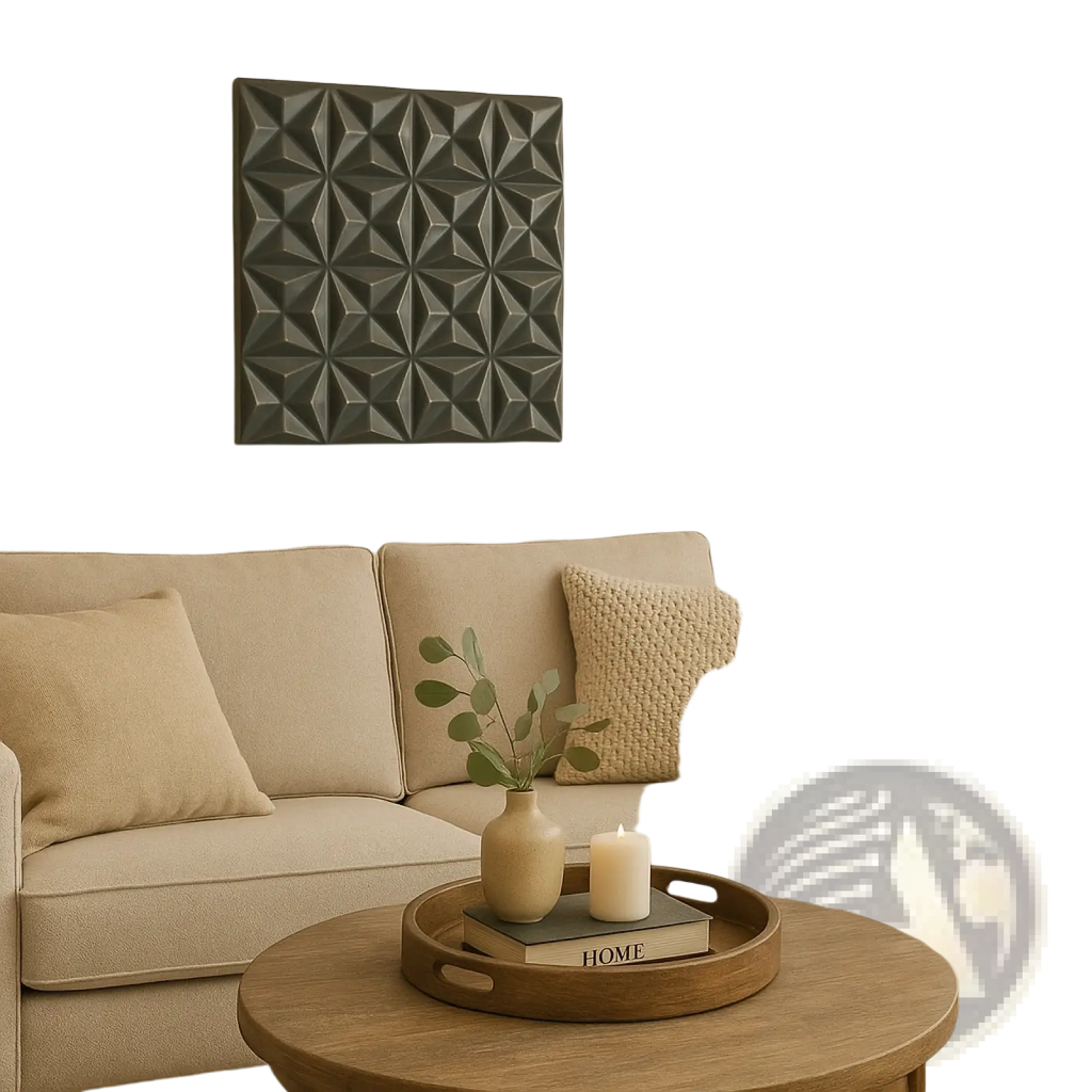 Dark gray mdf geometric wall decor featuring a raised 3d starburst pattern in a 16x16 black panel