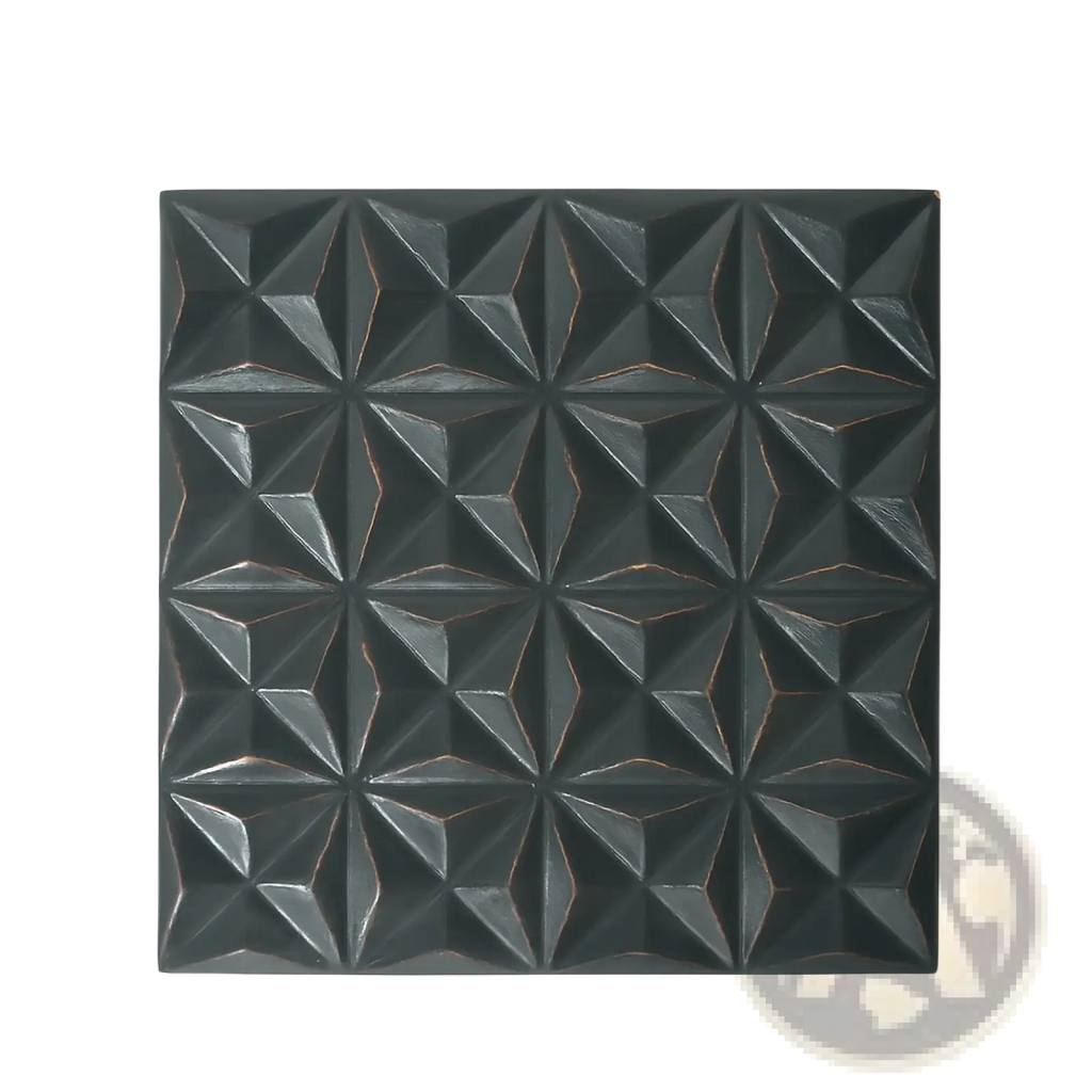 Black 16-inch mdf wall decor panel featuring a raised geometric 3d starburst diamond pattern for interior design